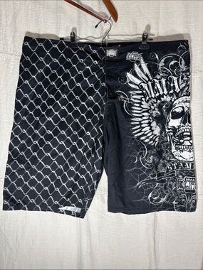 Vintage Y2K MMA Elite Skull&Chain Link Fight Shorts Cyber Grunge Black Big&Tall
